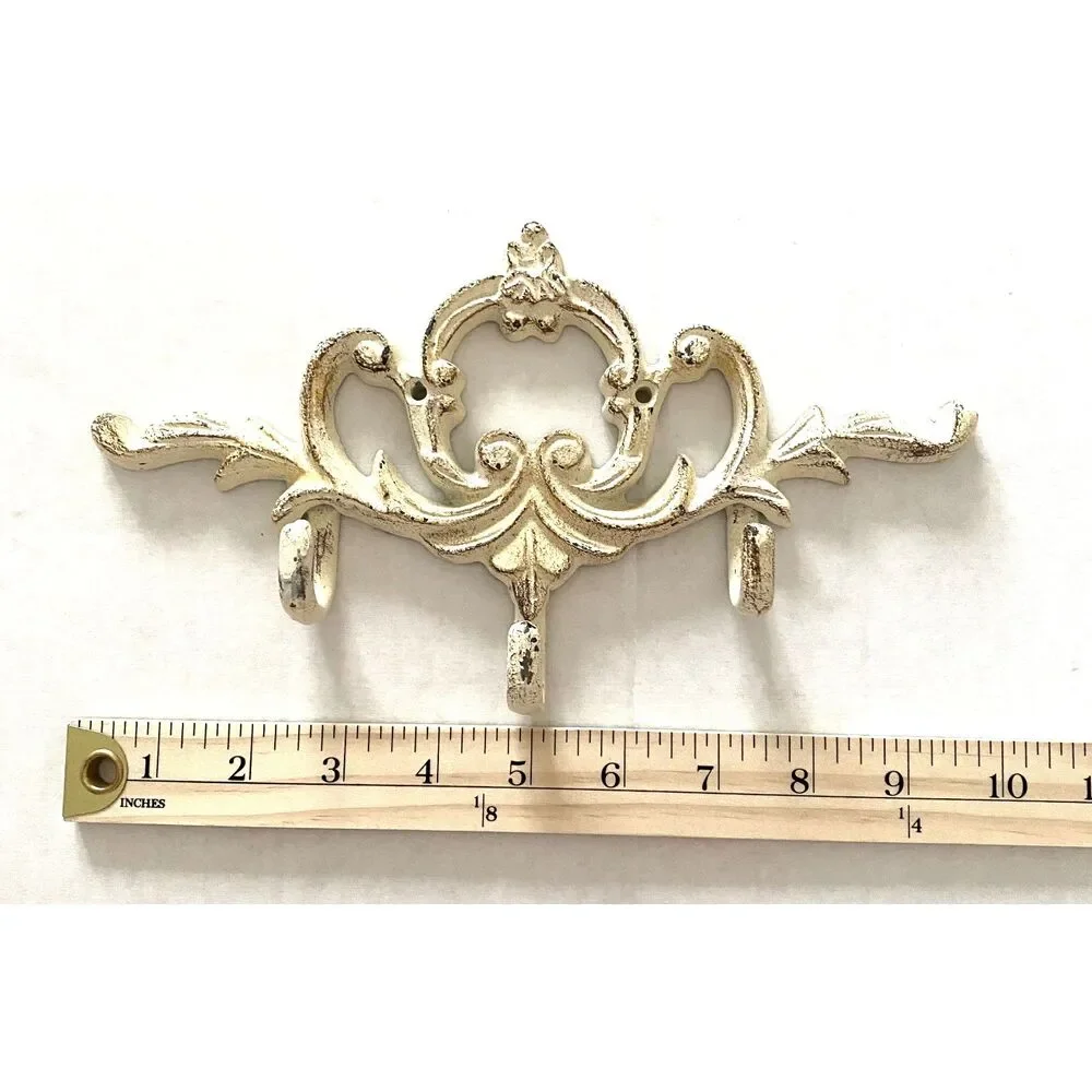 VTG Ornate Iron Hall Tree Hook White Distressed Finish Vintage Decor